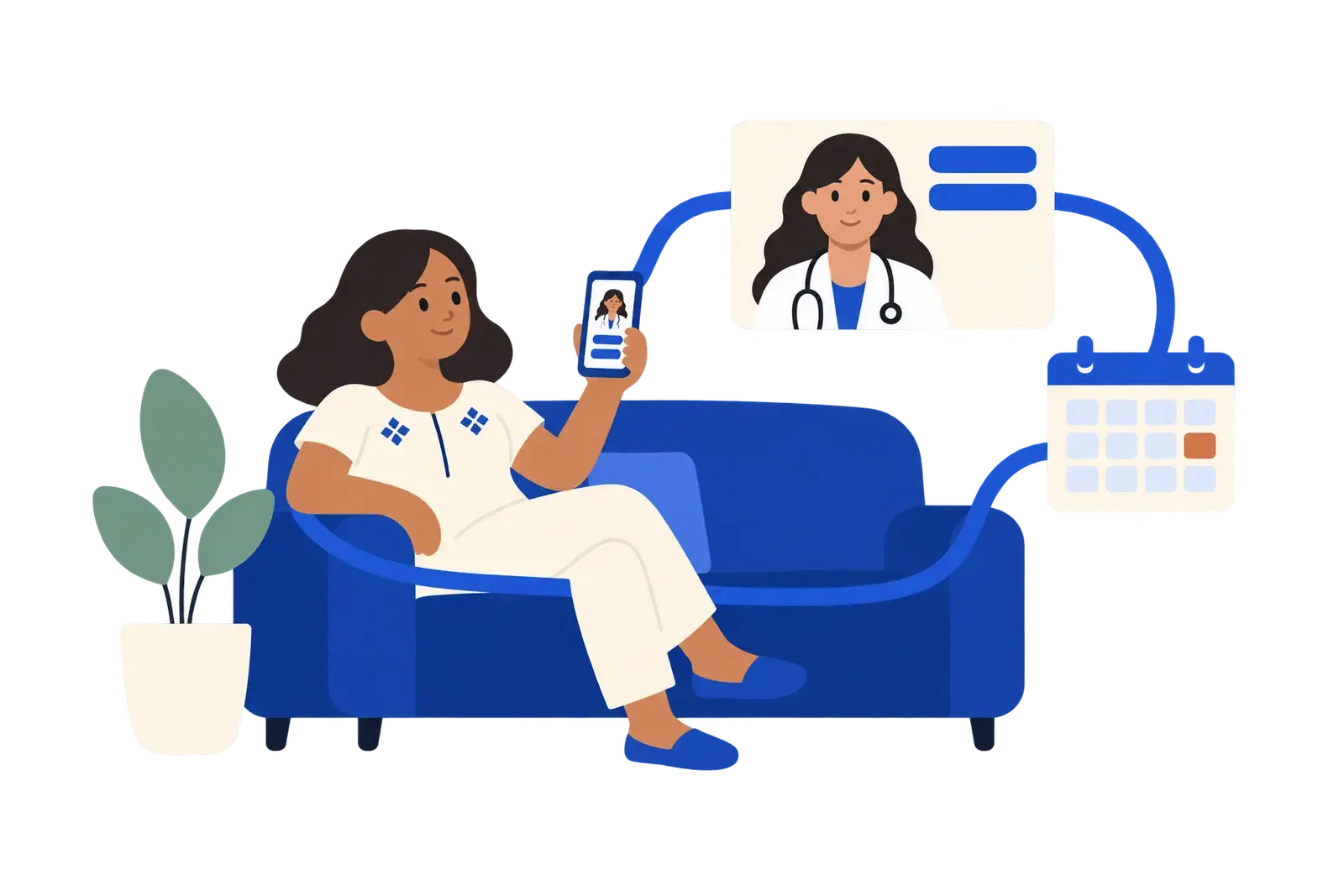Una mujer sentada en un sofá sostiene un teléfono con una videollamada médica junto a una ventana de consulta y un calendario.