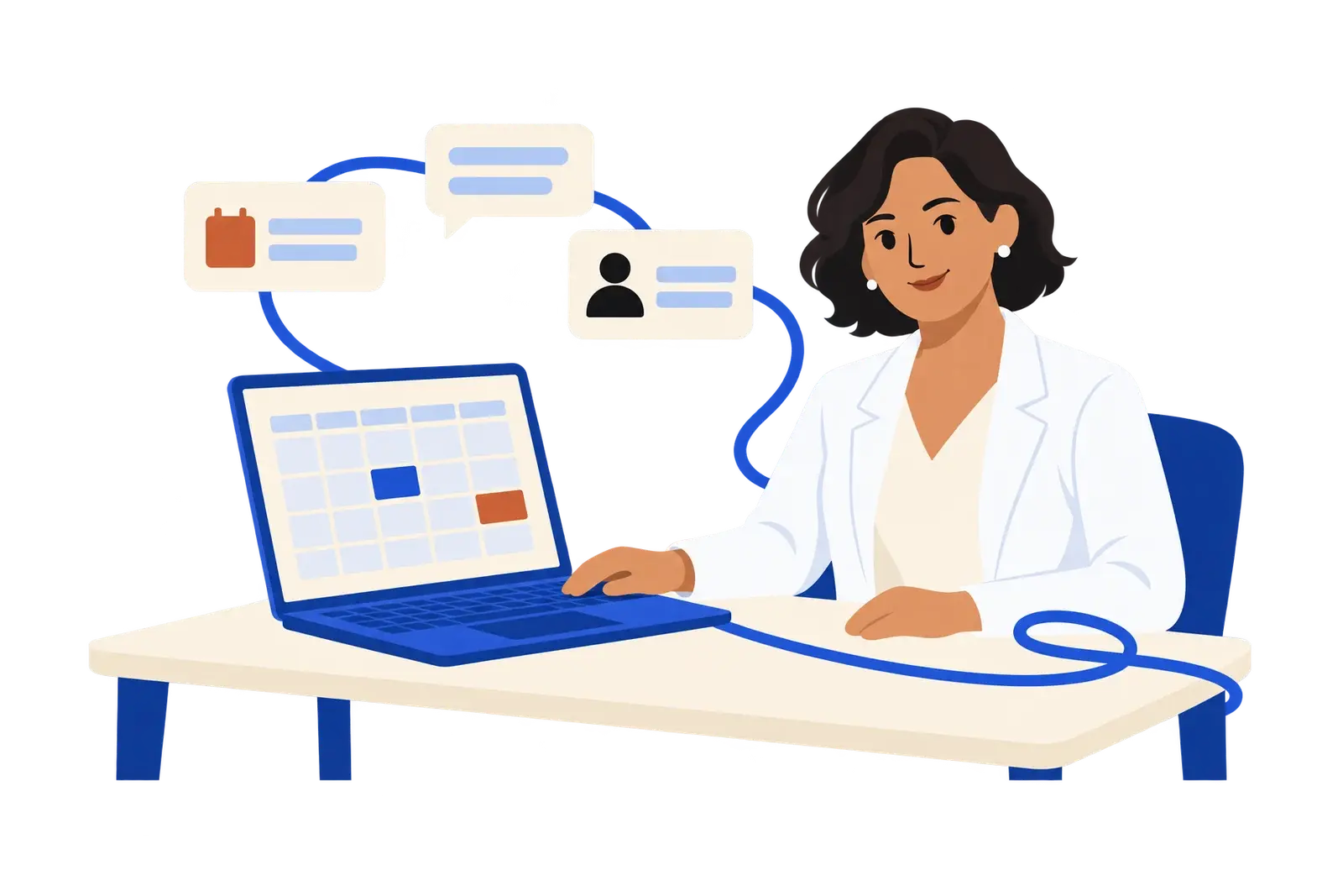Una médica trabaja en una computadora con un calendario de citas y tarjetas de mensajes y perfil.