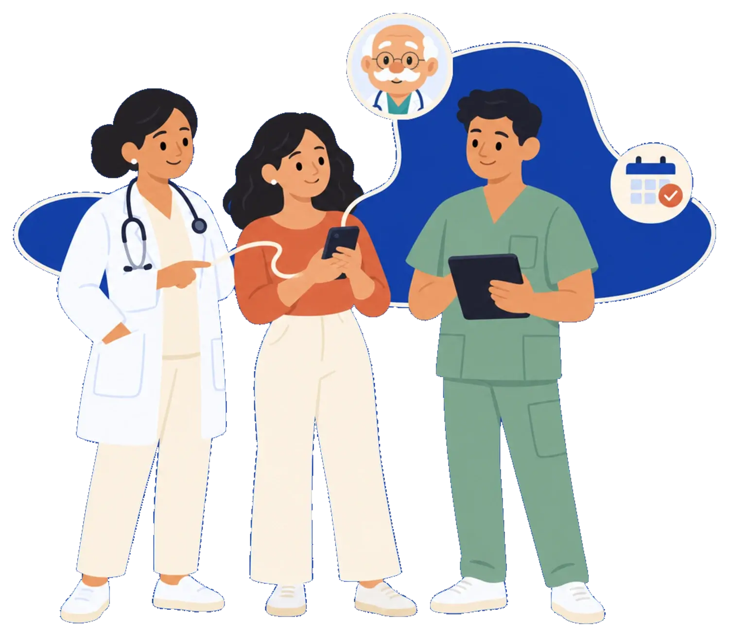 Una médica, una paciente con su teléfono y un enfermero conversan; una línea crema los conecta con Dr. Simeón y una cita confirmada.