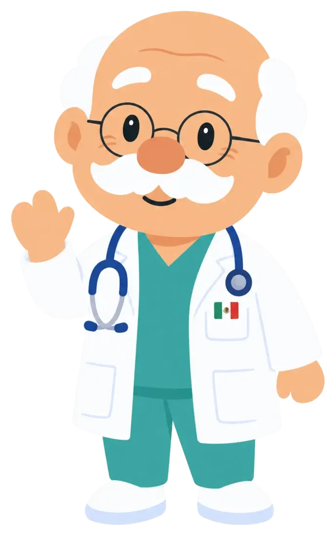 Dr. Simeón en estilo chibi: un médico mayor con lentes redondos y bigote blanco saluda con la mano.