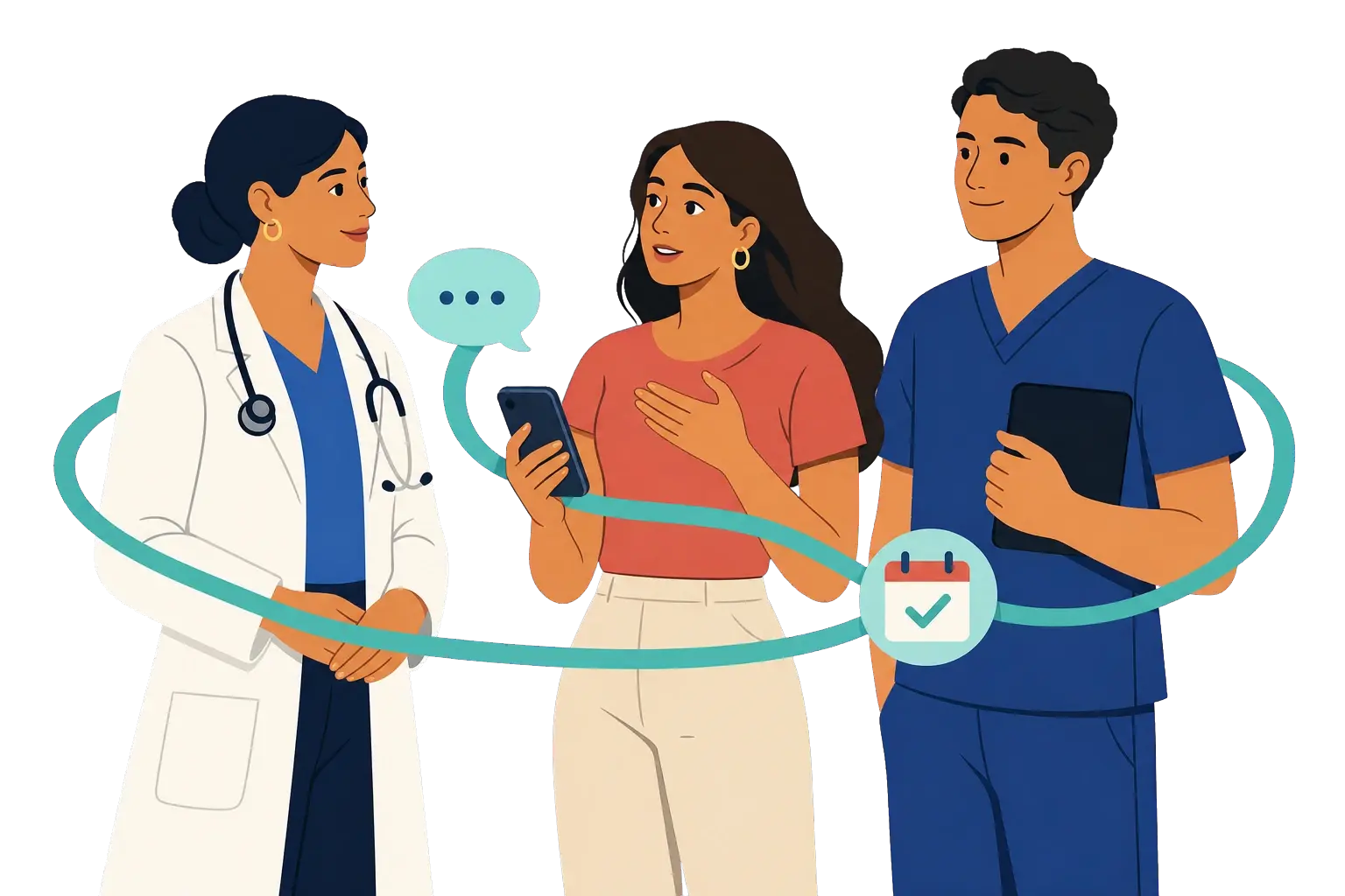 Ilustración de una paciente conectada con dos profesionales de salud