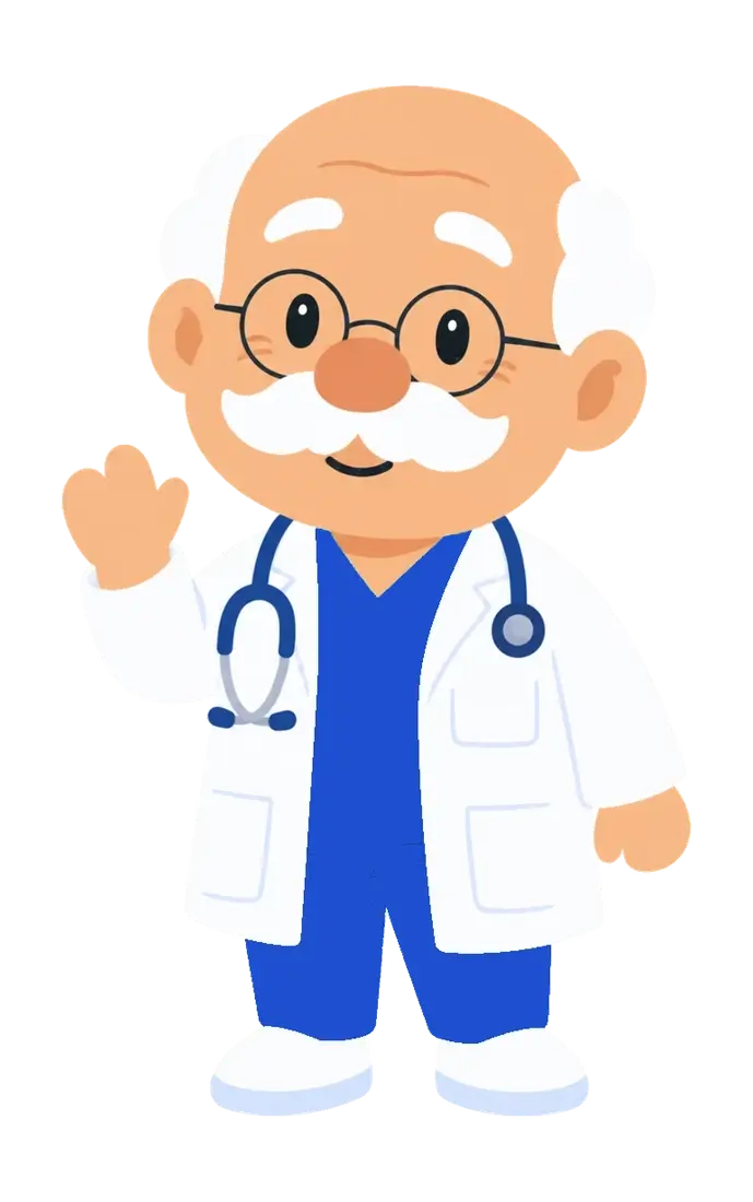 Dr. Simeón en estilo chibi: un médico mayor con lentes redondos y bigote blanco saluda con la mano.